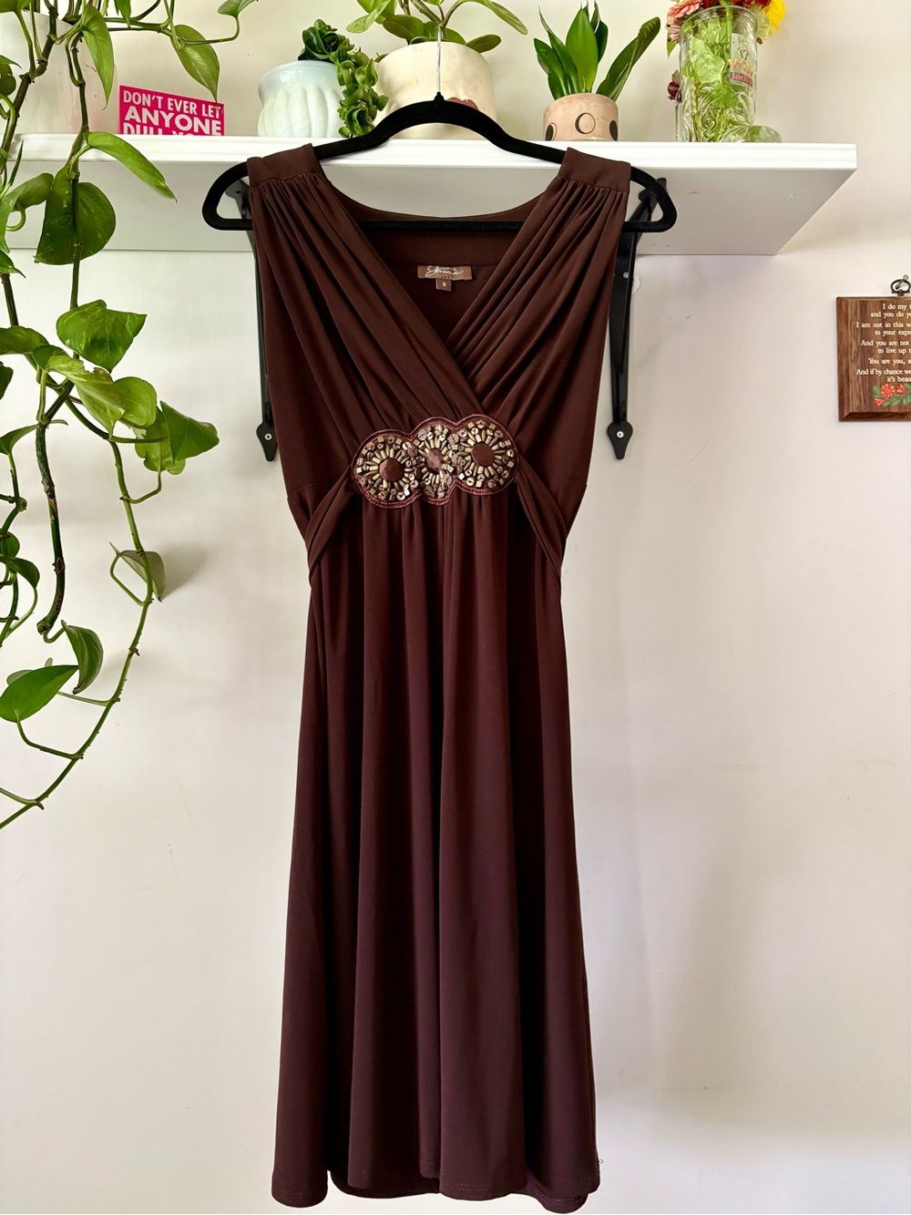 Jessica Brown Sleeveless Midi Dress with Beaded Waist